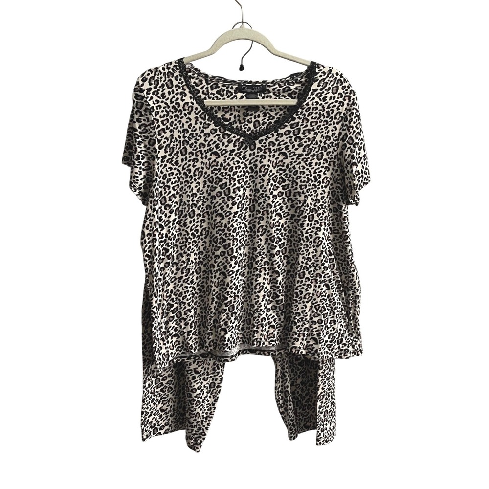 Rene Rofe Pajama Set Womens Large Leopard Print Cropped Lace Trim Sleepwear 2pc